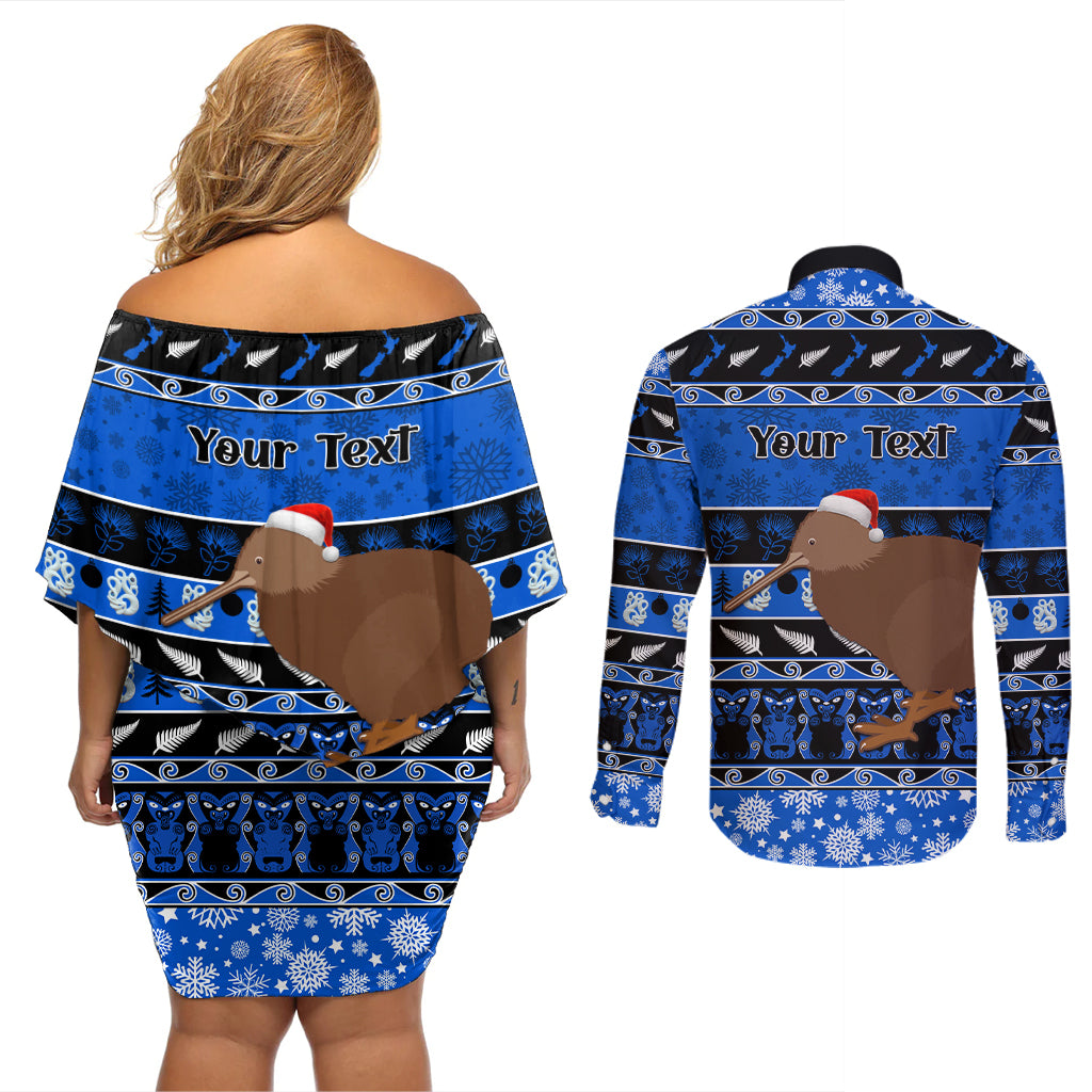Personalised New Zealand Christmas Couples Matching Off Shoulder Short Dress and Long Sleeve Button Shirt Aotearoa Kiwi Meri Kirihimete Blue Version - Wonder Print Shop