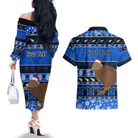 Personalised New Zealand Christmas Couples Matching Off The Shoulder Long Sleeve Dress and Hawaiian Shirt Aotearoa Kiwi Meri Kirihimete Blue Version - Wonder Print Shop