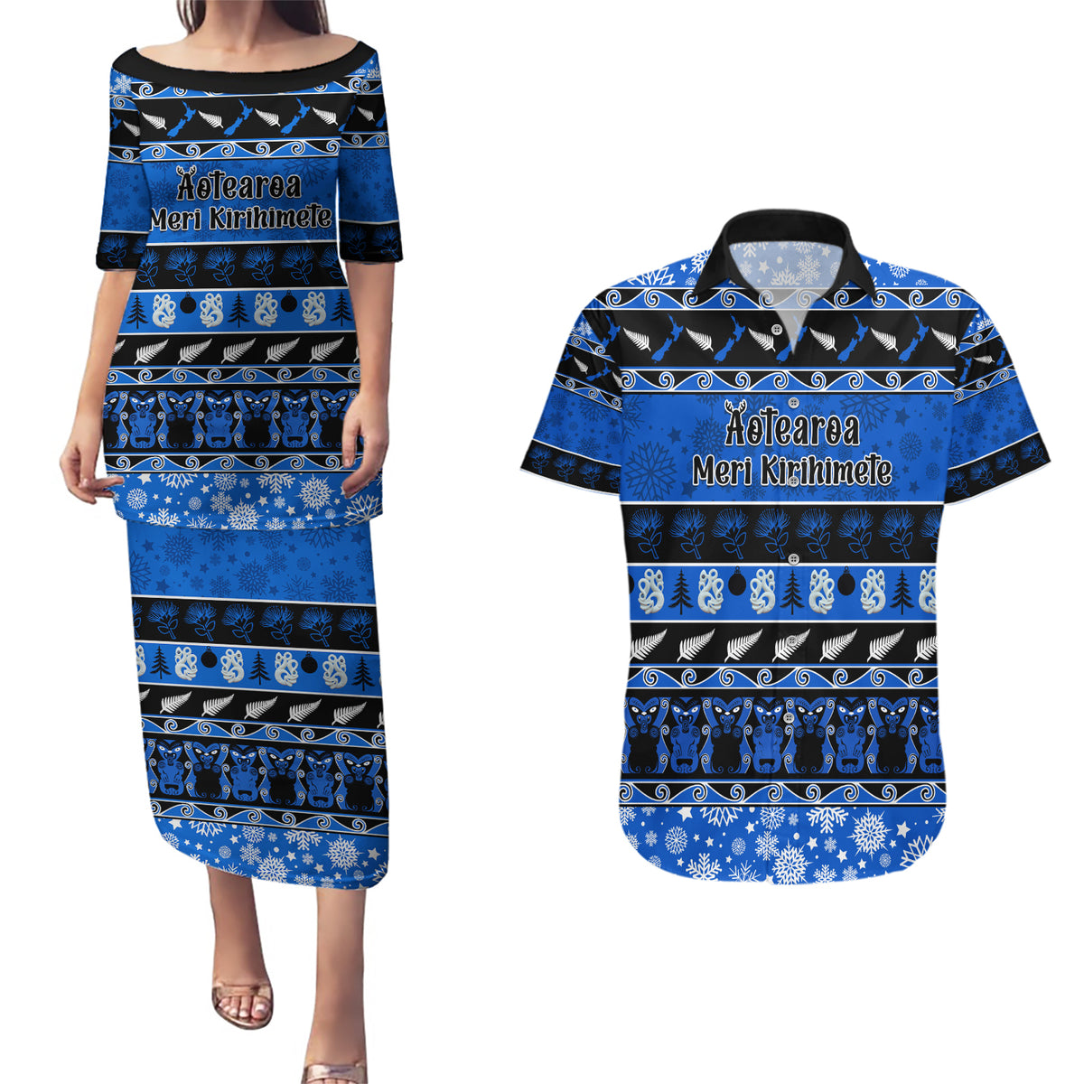 Personalised New Zealand Christmas Couples Matching Puletasi Dress and Hawaiian Shirt Aotearoa Kiwi Meri Kirihimete Blue Version - Wonder Print Shop