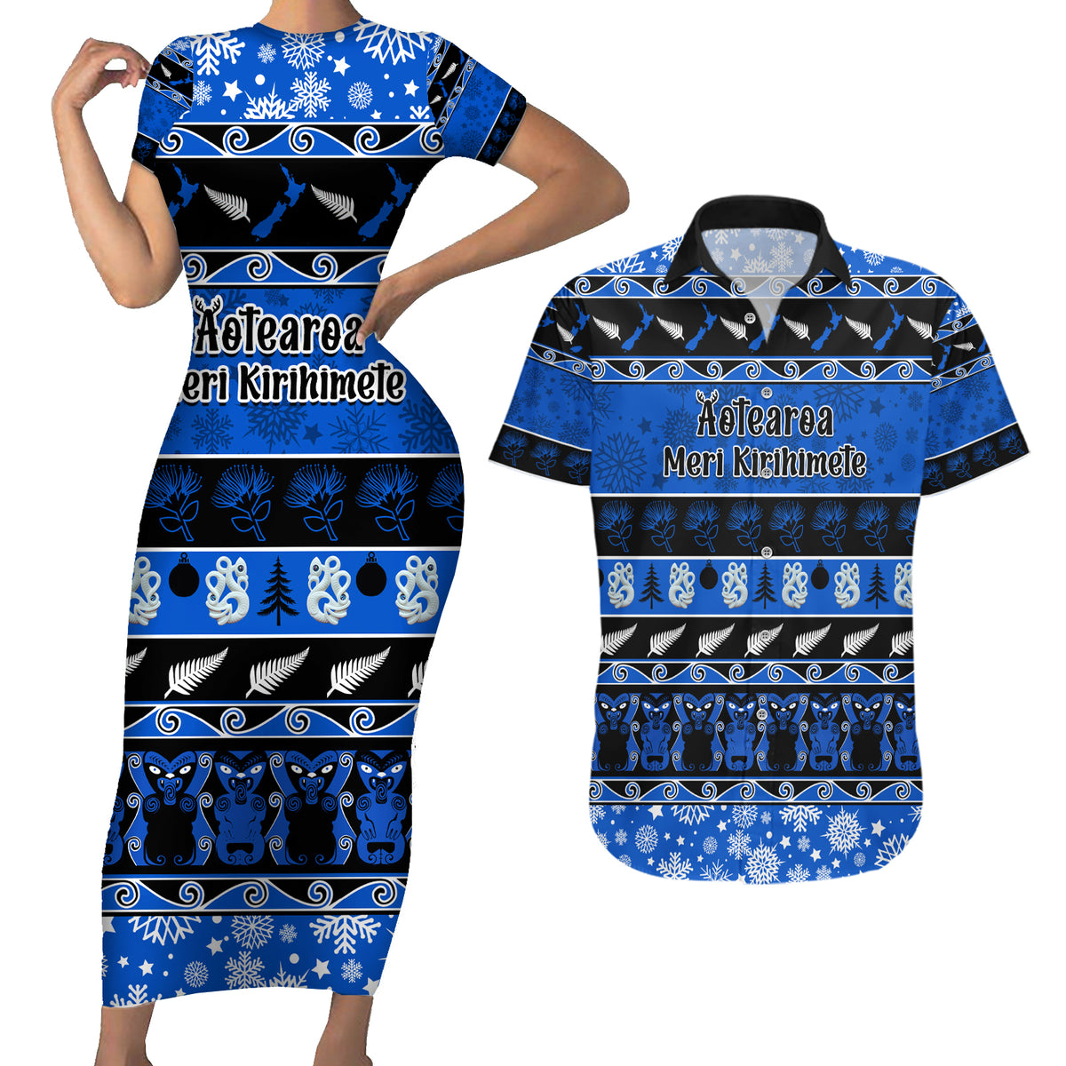 Personalised New Zealand Christmas Couples Matching Short Sleeve Bodycon Dress and Hawaiian Shirt Aotearoa Kiwi Meri Kirihimete Blue Version - Wonder Print Shop
