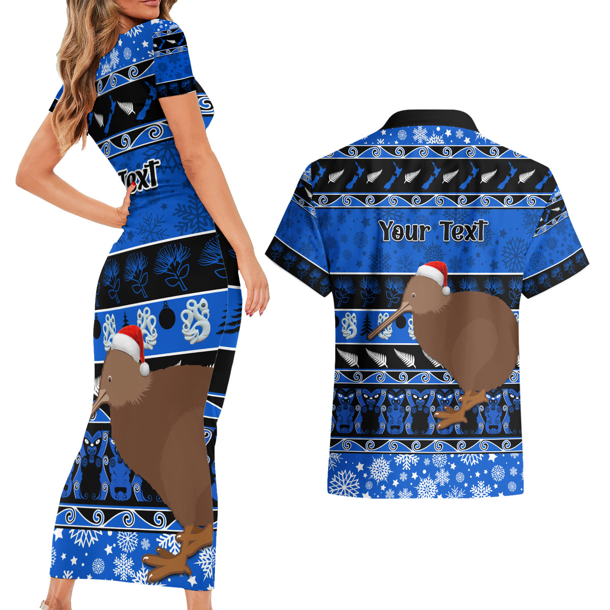 Personalised New Zealand Christmas Couples Matching Short Sleeve Bodycon Dress and Hawaiian Shirt Aotearoa Kiwi Meri Kirihimete Blue Version - Wonder Print Shop