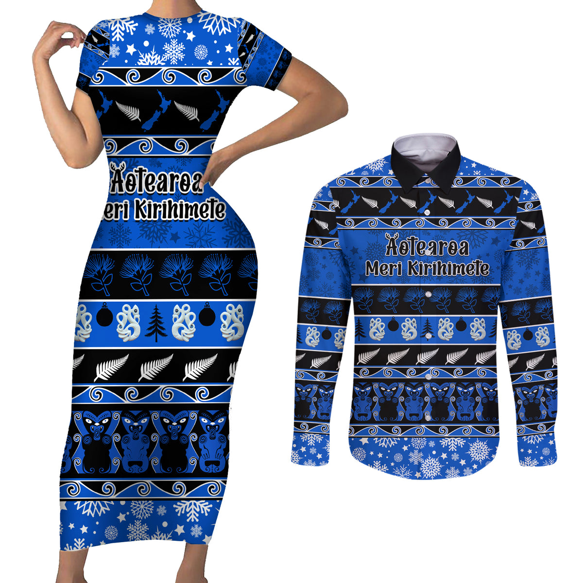 Personalised New Zealand Christmas Couples Matching Short Sleeve Bodycon Dress and Long Sleeve Button Shirt Aotearoa Kiwi Meri Kirihimete Blue Version - Wonder Print Shop