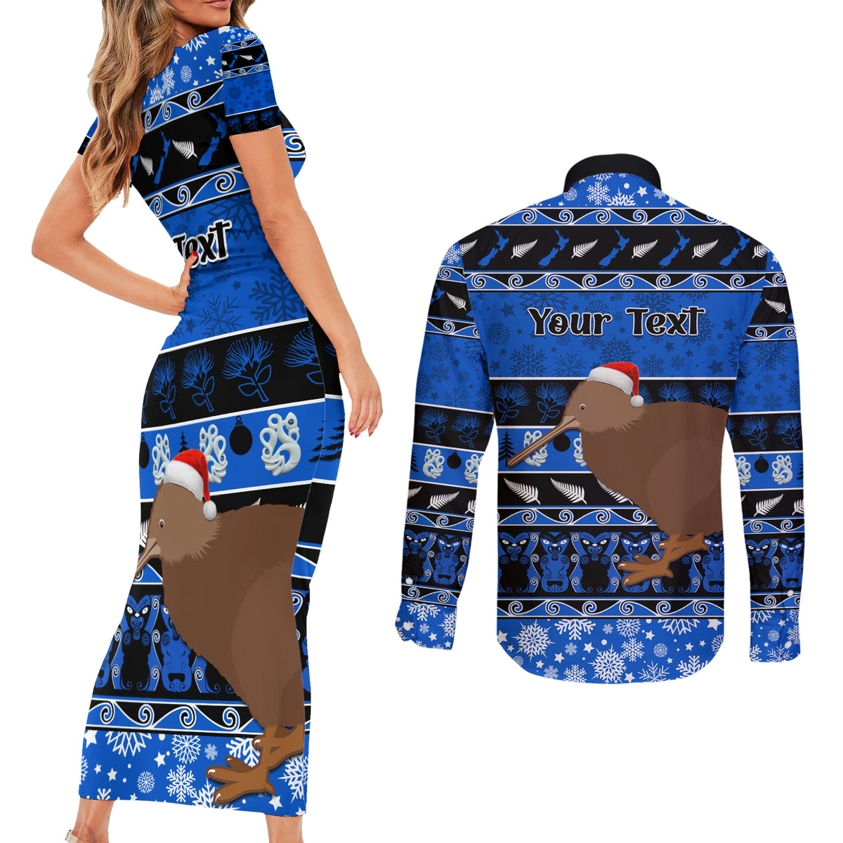 Personalised New Zealand Christmas Couples Matching Short Sleeve Bodycon Dress and Long Sleeve Button Shirt Aotearoa Kiwi Meri Kirihimete Blue Version - Wonder Print Shop