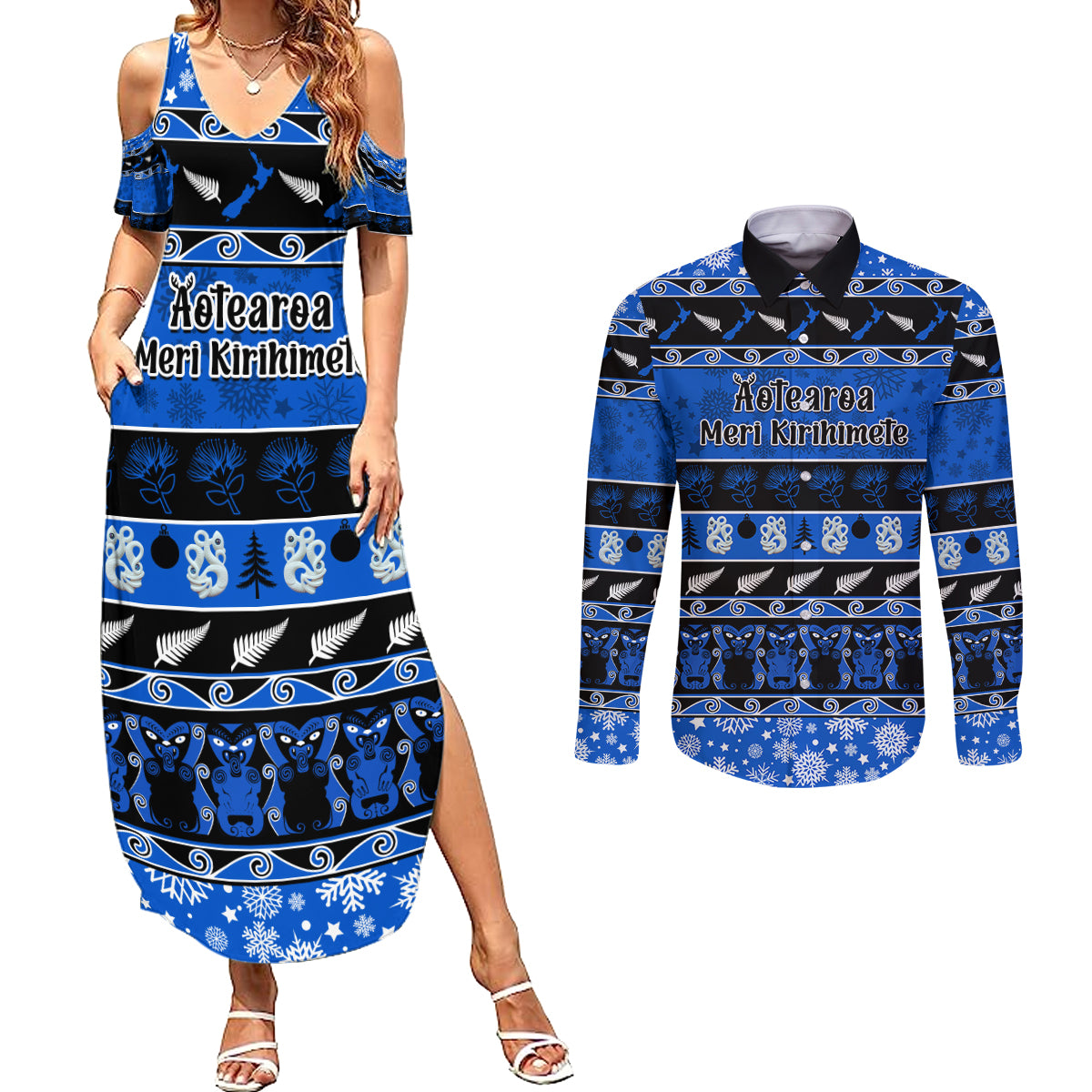 Personalised New Zealand Christmas Couples Matching Summer Maxi Dress and Long Sleeve Button Shirt Aotearoa Kiwi Meri Kirihimete Blue Version - Wonder Print Shop