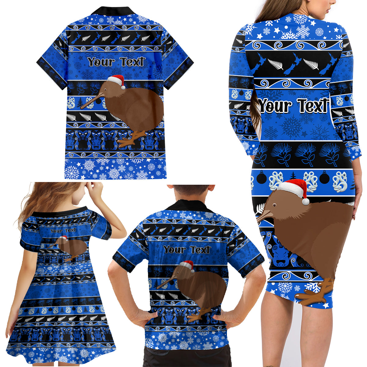 Personalised New Zealand Christmas Family Matching Long Sleeve Bodycon Dress and Hawaiian Shirt Aotearoa Kiwi Meri Kirihimete Blue Version - Wonder Print Shop