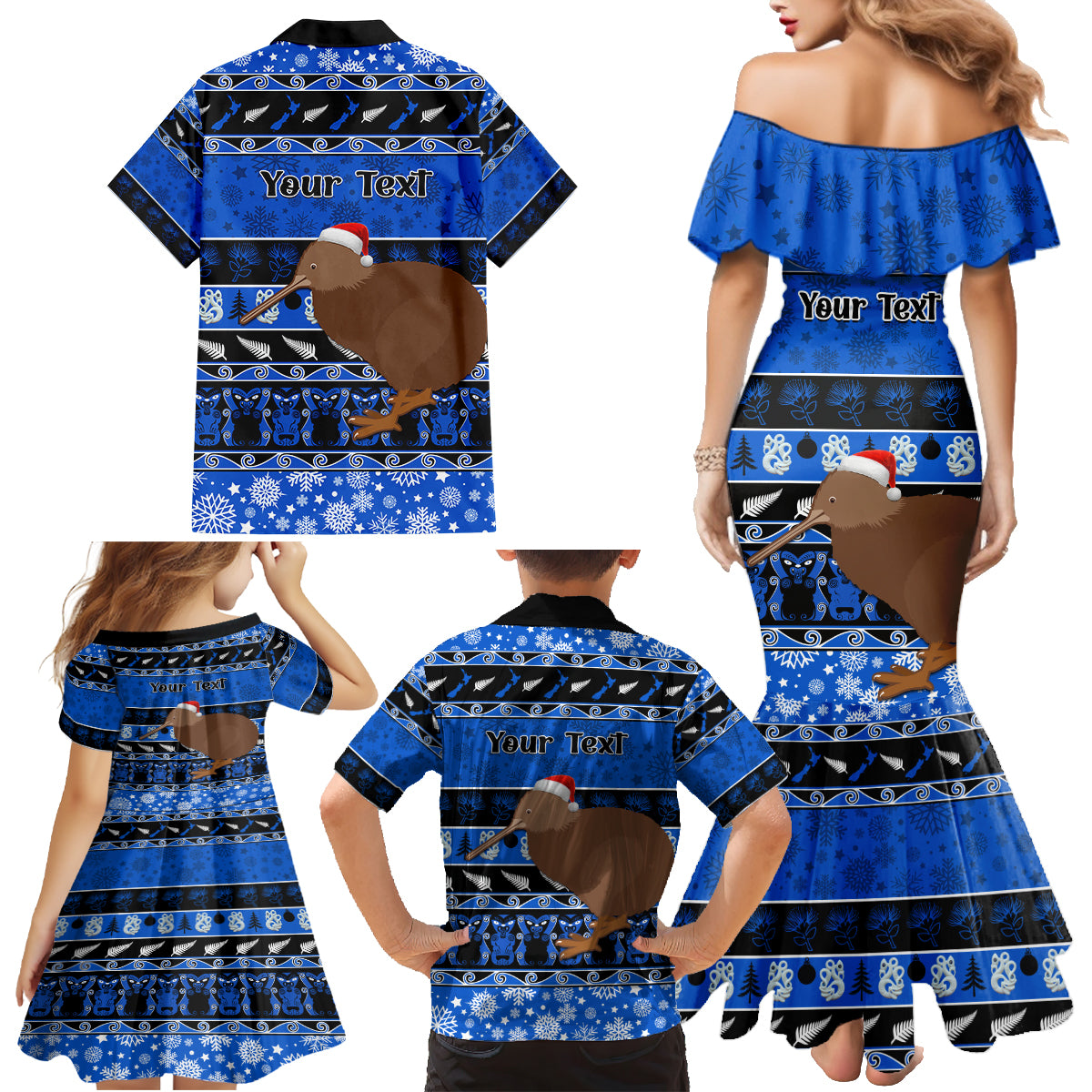 Personalised New Zealand Christmas Family Matching Mermaid Dress and Hawaiian Shirt Aotearoa Kiwi Meri Kirihimete Blue Version - Wonder Print Shop