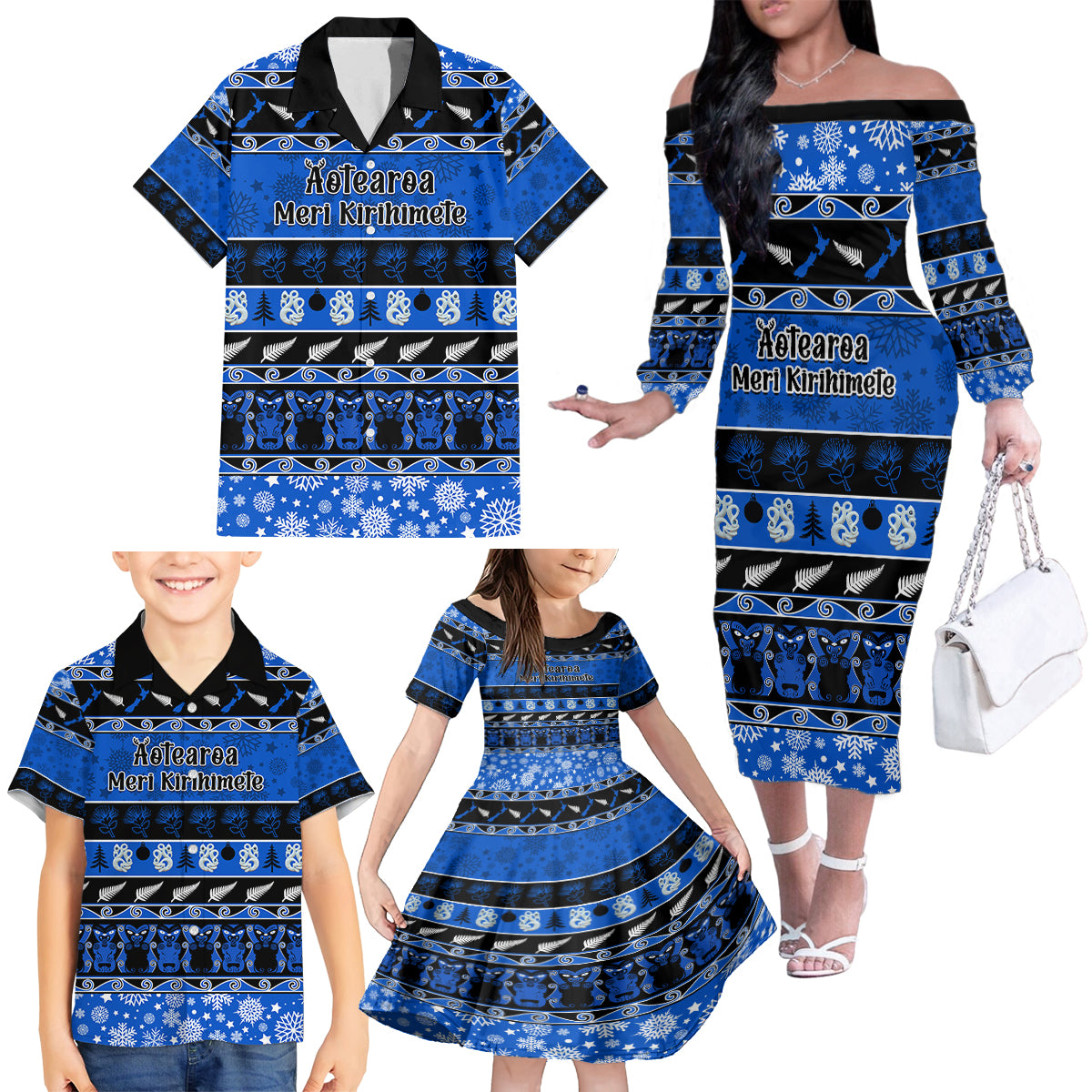 Personalised New Zealand Christmas Family Matching Off Shoulder Long Sleeve Dress and Hawaiian Shirt Aotearoa Kiwi Meri Kirihimete Blue Version - Wonder Print Shop