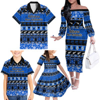 Personalised New Zealand Christmas Family Matching Off Shoulder Long Sleeve Dress and Hawaiian Shirt Aotearoa Kiwi Meri Kirihimete Blue Version - Wonder Print Shop