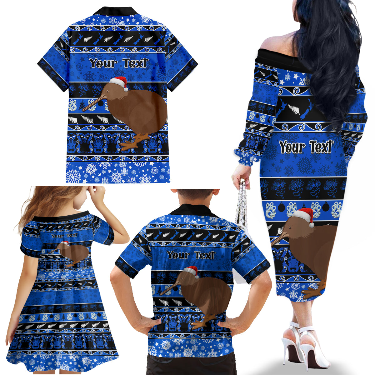 Personalised New Zealand Christmas Family Matching Off Shoulder Long Sleeve Dress and Hawaiian Shirt Aotearoa Kiwi Meri Kirihimete Blue Version - Wonder Print Shop