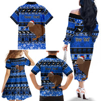 Personalised New Zealand Christmas Family Matching Off Shoulder Long Sleeve Dress and Hawaiian Shirt Aotearoa Kiwi Meri Kirihimete Blue Version - Wonder Print Shop