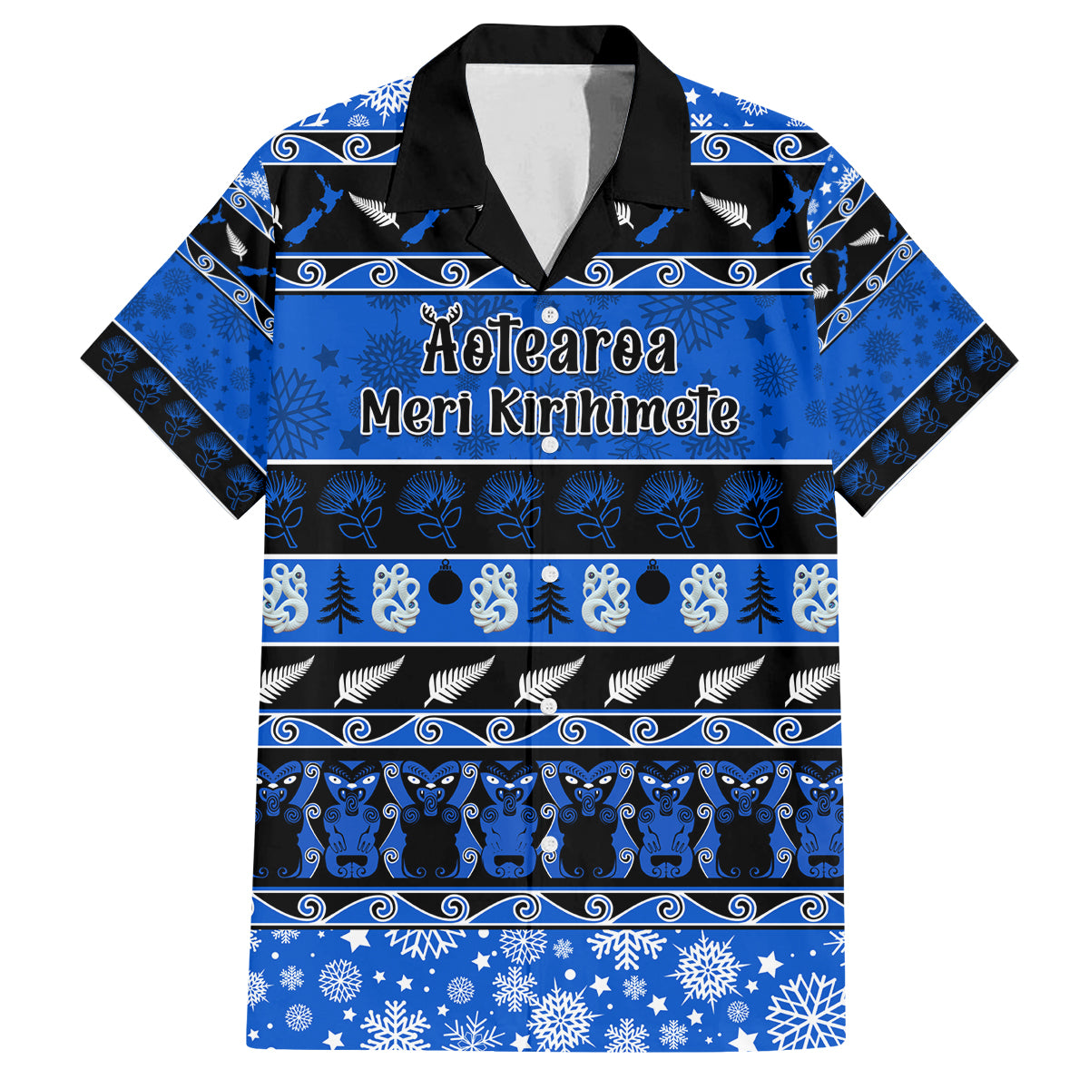 Personalised New Zealand Christmas Family Matching Off Shoulder Long Sleeve Dress and Hawaiian Shirt Aotearoa Kiwi Meri Kirihimete Blue Version - Wonder Print Shop