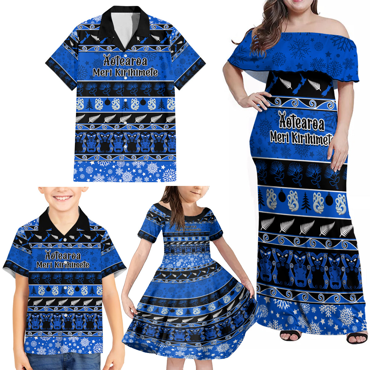 Personalised New Zealand Christmas Family Matching Off Shoulder Maxi Dress and Hawaiian Shirt Aotearoa Kiwi Meri Kirihimete Blue Version - Wonder Print Shop
