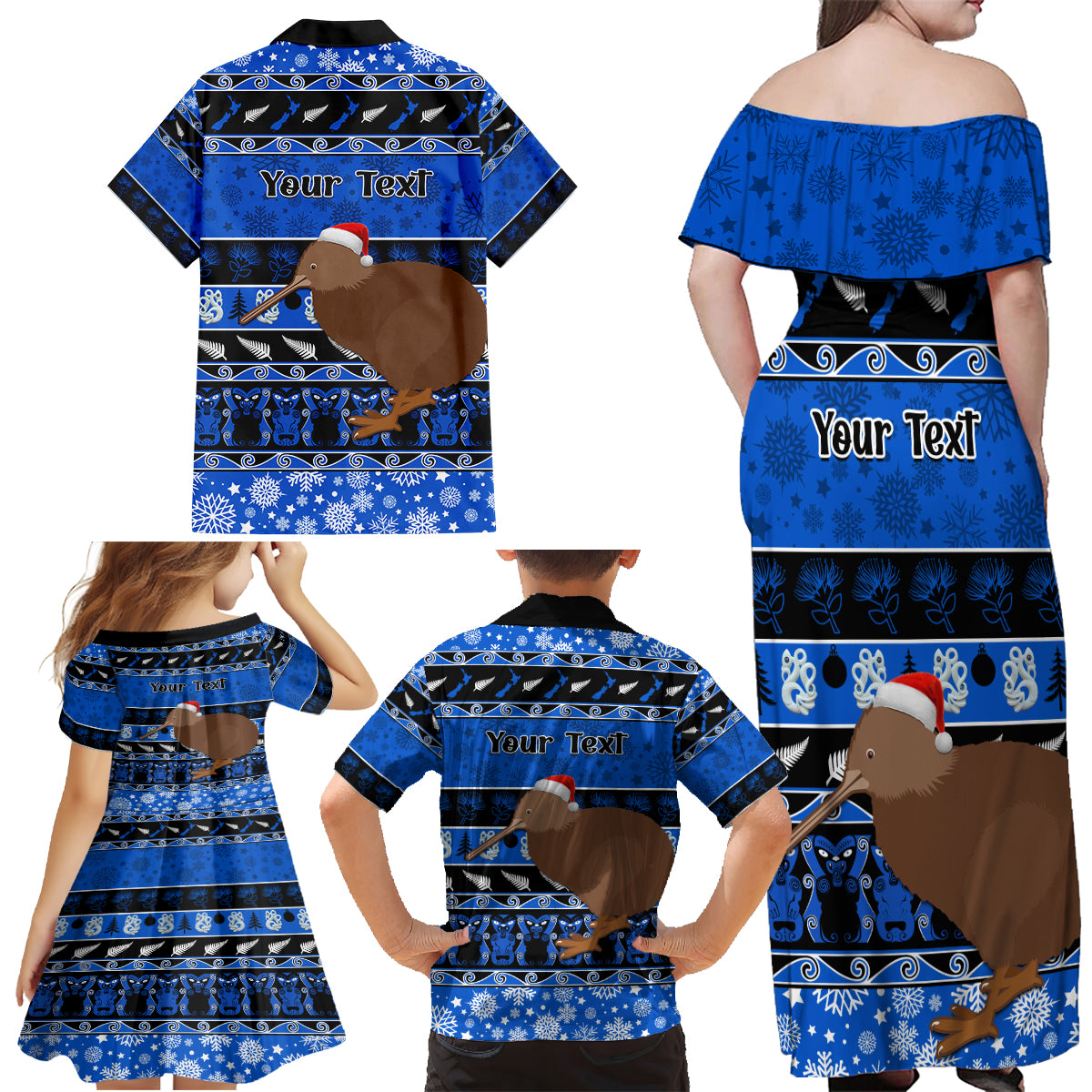 Personalised New Zealand Christmas Family Matching Off Shoulder Maxi Dress and Hawaiian Shirt Aotearoa Kiwi Meri Kirihimete Blue Version - Wonder Print Shop