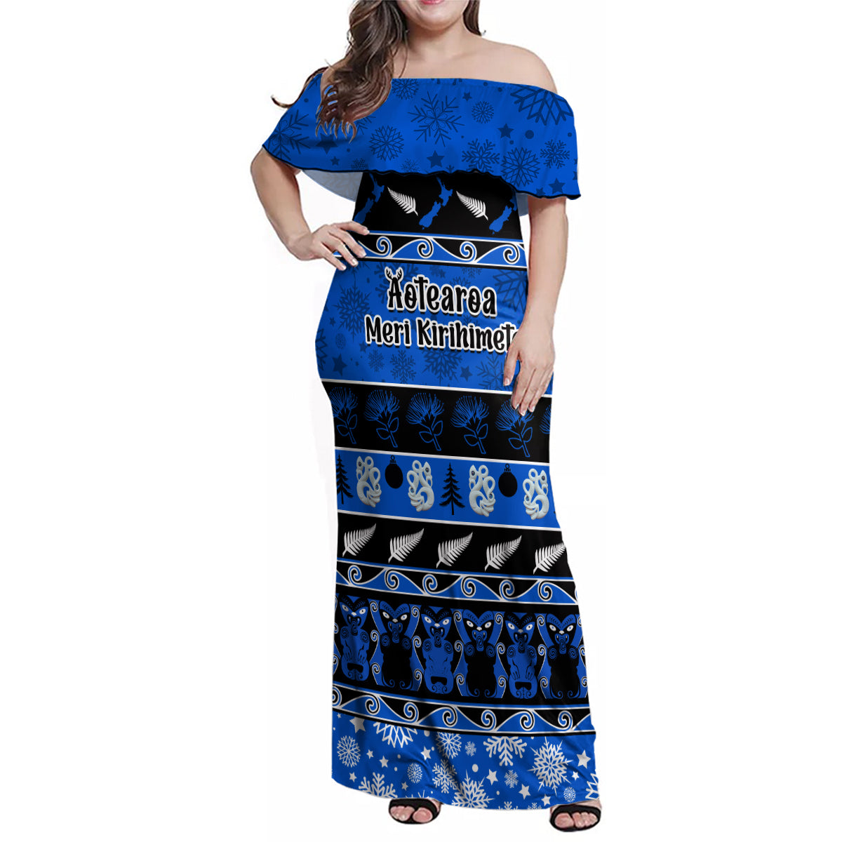 Personalised New Zealand Christmas Family Matching Off Shoulder Maxi Dress and Hawaiian Shirt Aotearoa Kiwi Meri Kirihimete Blue Version - Wonder Print Shop