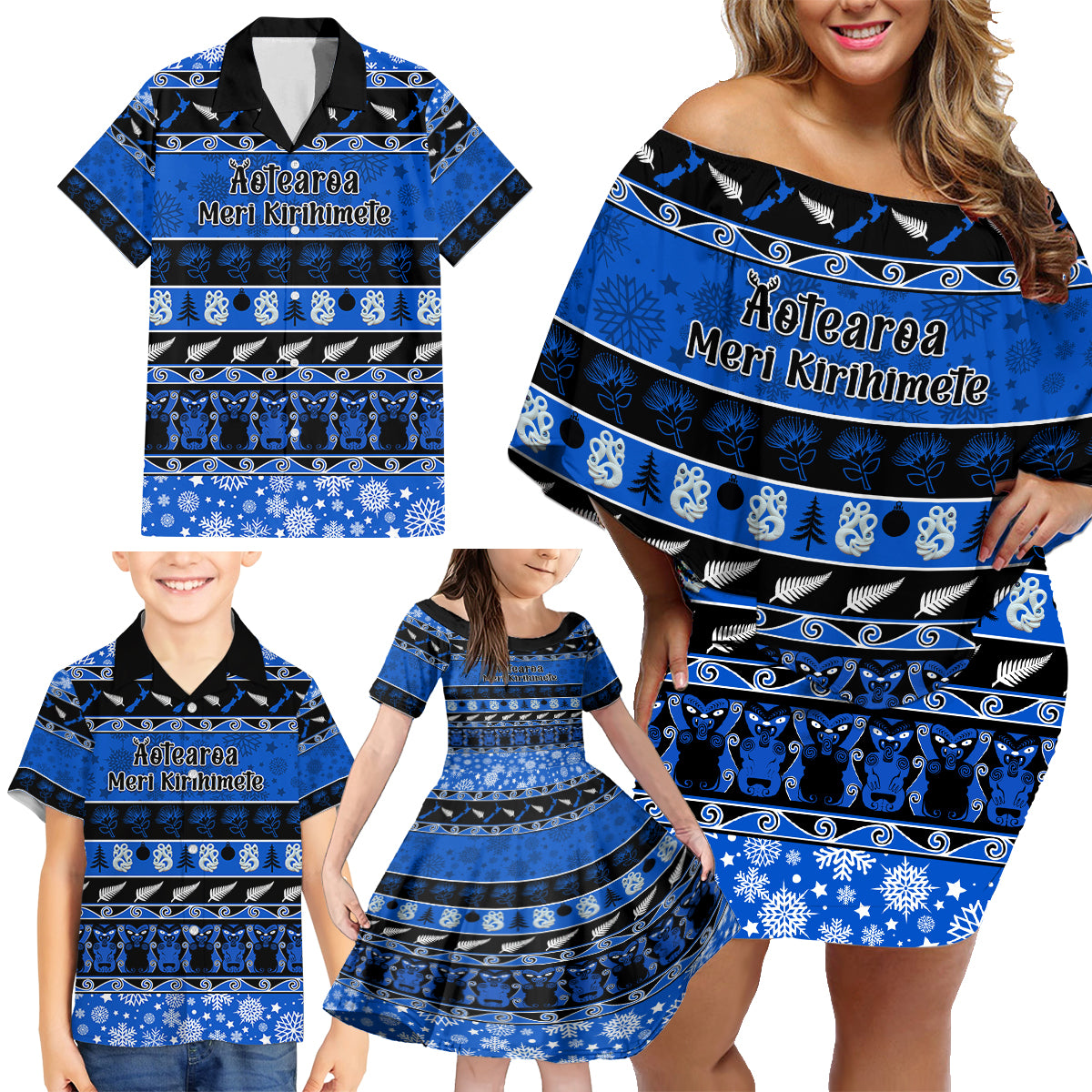 Personalised New Zealand Christmas Family Matching Off Shoulder Short Dress and Hawaiian Shirt Aotearoa Kiwi Meri Kirihimete Blue Version - Wonder Print Shop