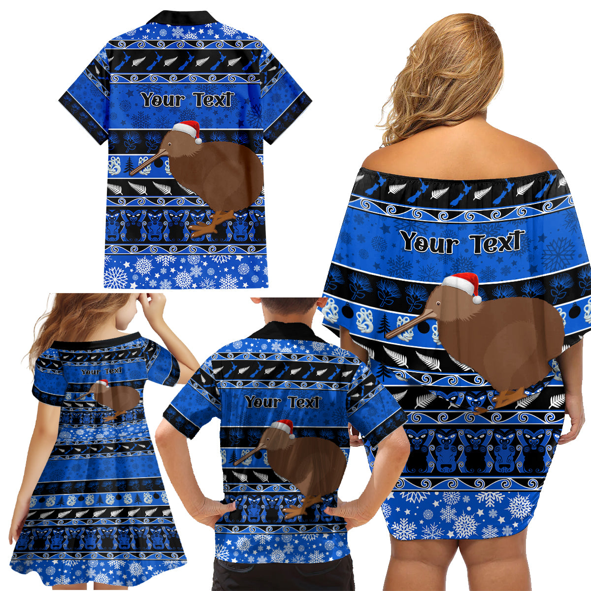 Personalised New Zealand Christmas Family Matching Off Shoulder Short Dress and Hawaiian Shirt Aotearoa Kiwi Meri Kirihimete Blue Version - Wonder Print Shop