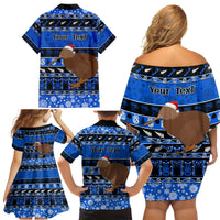 Personalised New Zealand Christmas Family Matching Off Shoulder Short Dress and Hawaiian Shirt Aotearoa Kiwi Meri Kirihimete Blue Version - Wonder Print Shop