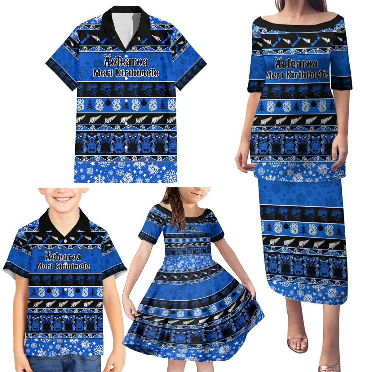 Personalised New Zealand Christmas Family Matching Puletasi Dress and Hawaiian Shirt Aotearoa Kiwi Meri Kirihimete Blue Version - Wonder Print Shop