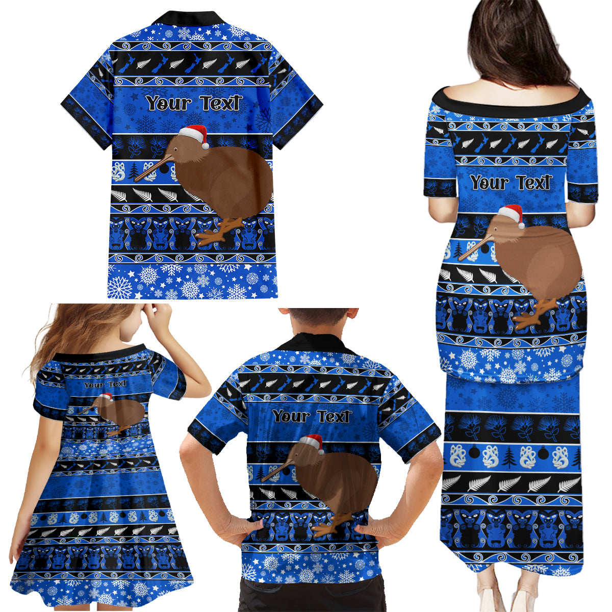 Personalised New Zealand Christmas Family Matching Puletasi Dress and Hawaiian Shirt Aotearoa Kiwi Meri Kirihimete Blue Version - Wonder Print Shop