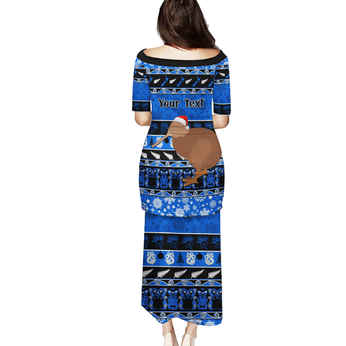 Personalised New Zealand Christmas Family Matching Puletasi Dress and Hawaiian Shirt Aotearoa Kiwi Meri Kirihimete Blue Version - Wonder Print Shop