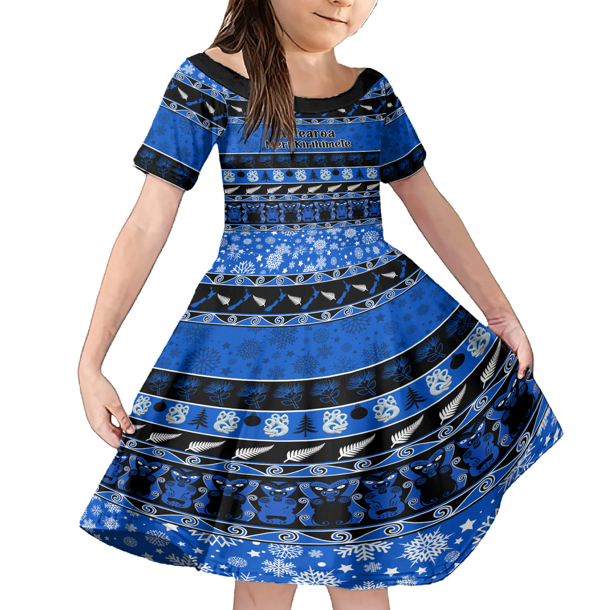 Personalised New Zealand Christmas Family Matching Short Sleeve Bodycon Dress and Hawaiian Shirt Aotearoa Kiwi Meri Kirihimete Blue Version - Wonder Print Shop