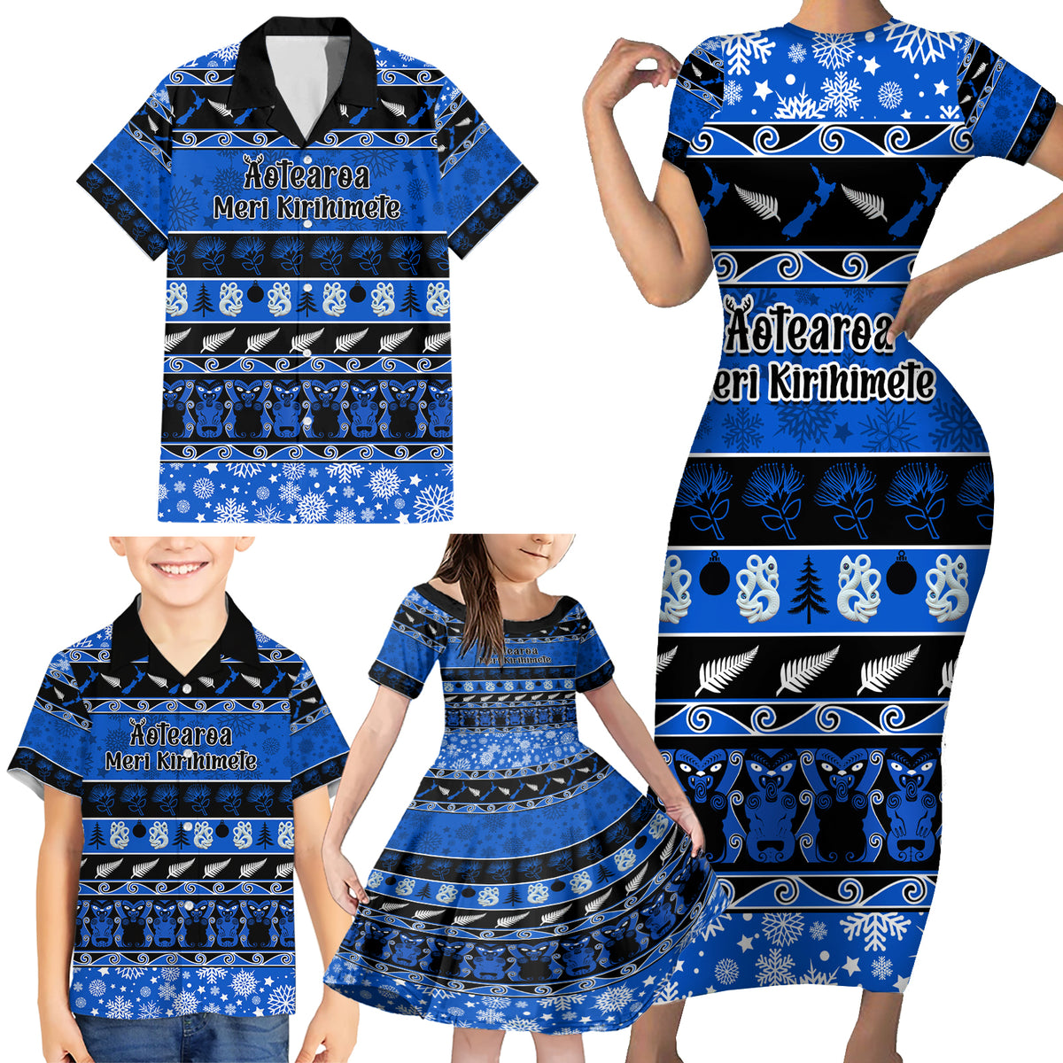 Personalised New Zealand Christmas Family Matching Short Sleeve Bodycon Dress and Hawaiian Shirt Aotearoa Kiwi Meri Kirihimete Blue Version - Wonder Print Shop