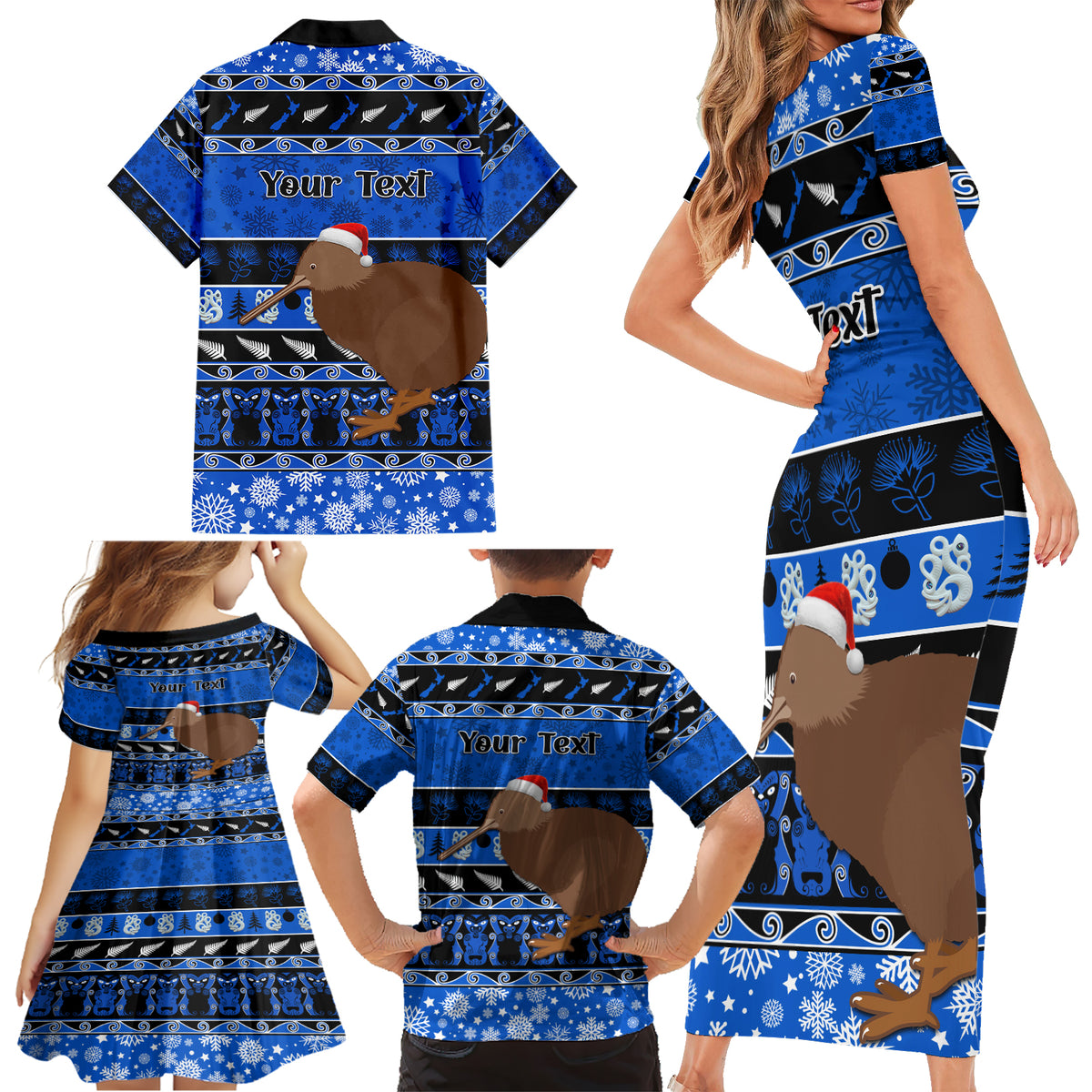 Personalised New Zealand Christmas Family Matching Short Sleeve Bodycon Dress and Hawaiian Shirt Aotearoa Kiwi Meri Kirihimete Blue Version - Wonder Print Shop