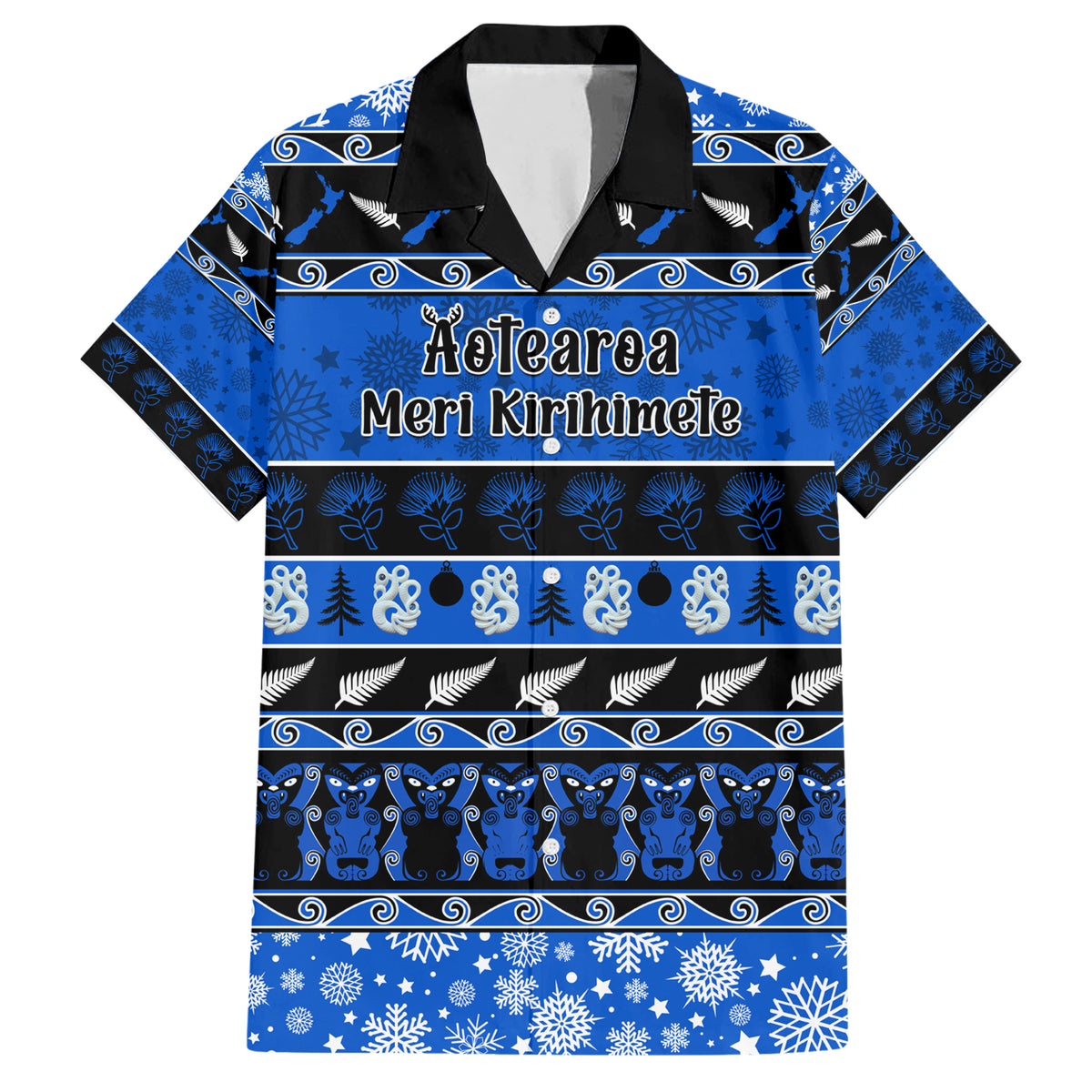 Personalised New Zealand Christmas Family Matching Short Sleeve Bodycon Dress and Hawaiian Shirt Aotearoa Kiwi Meri Kirihimete Blue Version - Wonder Print Shop