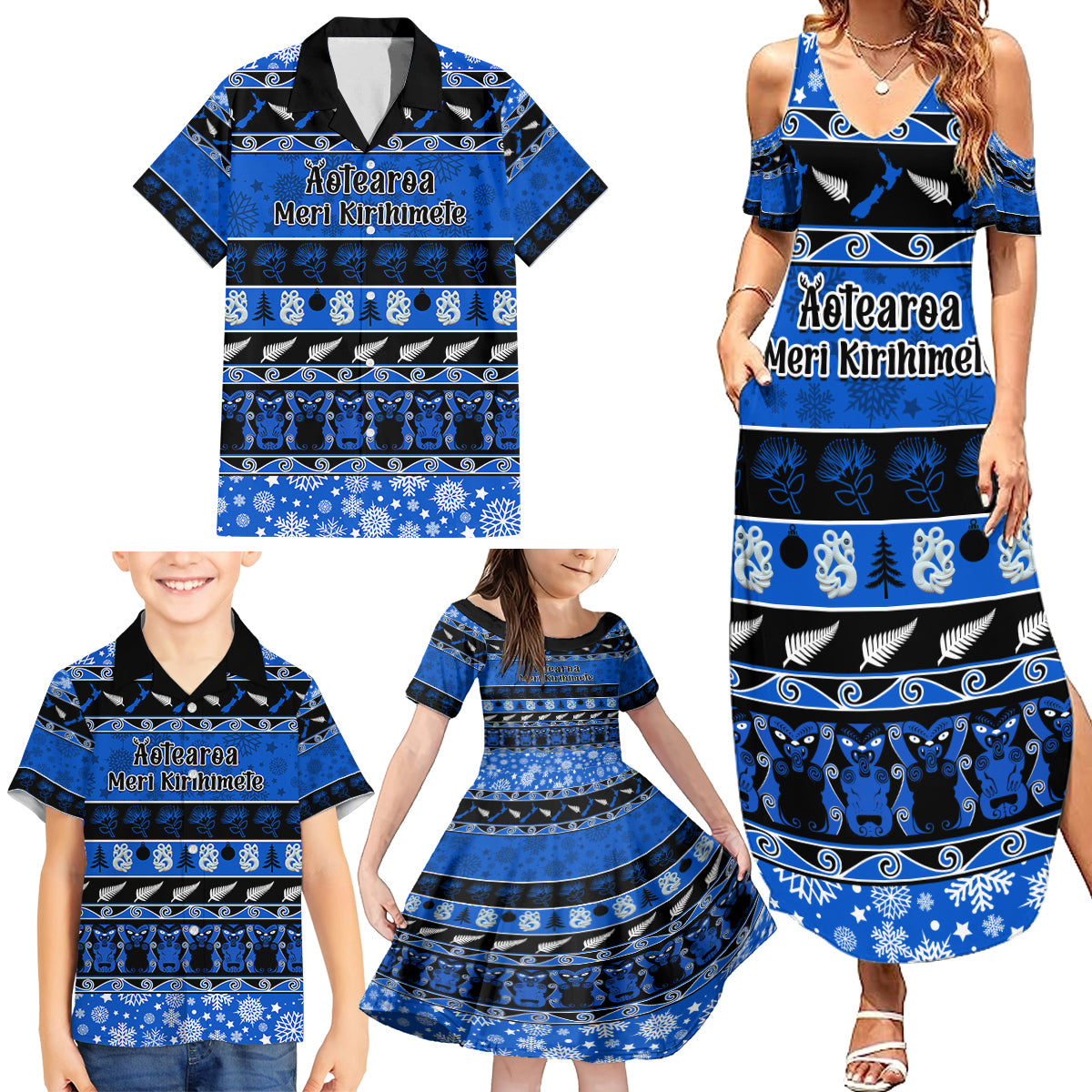 Personalised New Zealand Christmas Family Matching Summer Maxi Dress and Hawaiian Shirt Aotearoa Kiwi Meri Kirihimete Blue Version - Wonder Print Shop