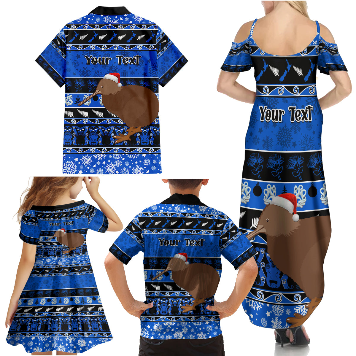 Personalised New Zealand Christmas Family Matching Summer Maxi Dress and Hawaiian Shirt Aotearoa Kiwi Meri Kirihimete Blue Version - Wonder Print Shop