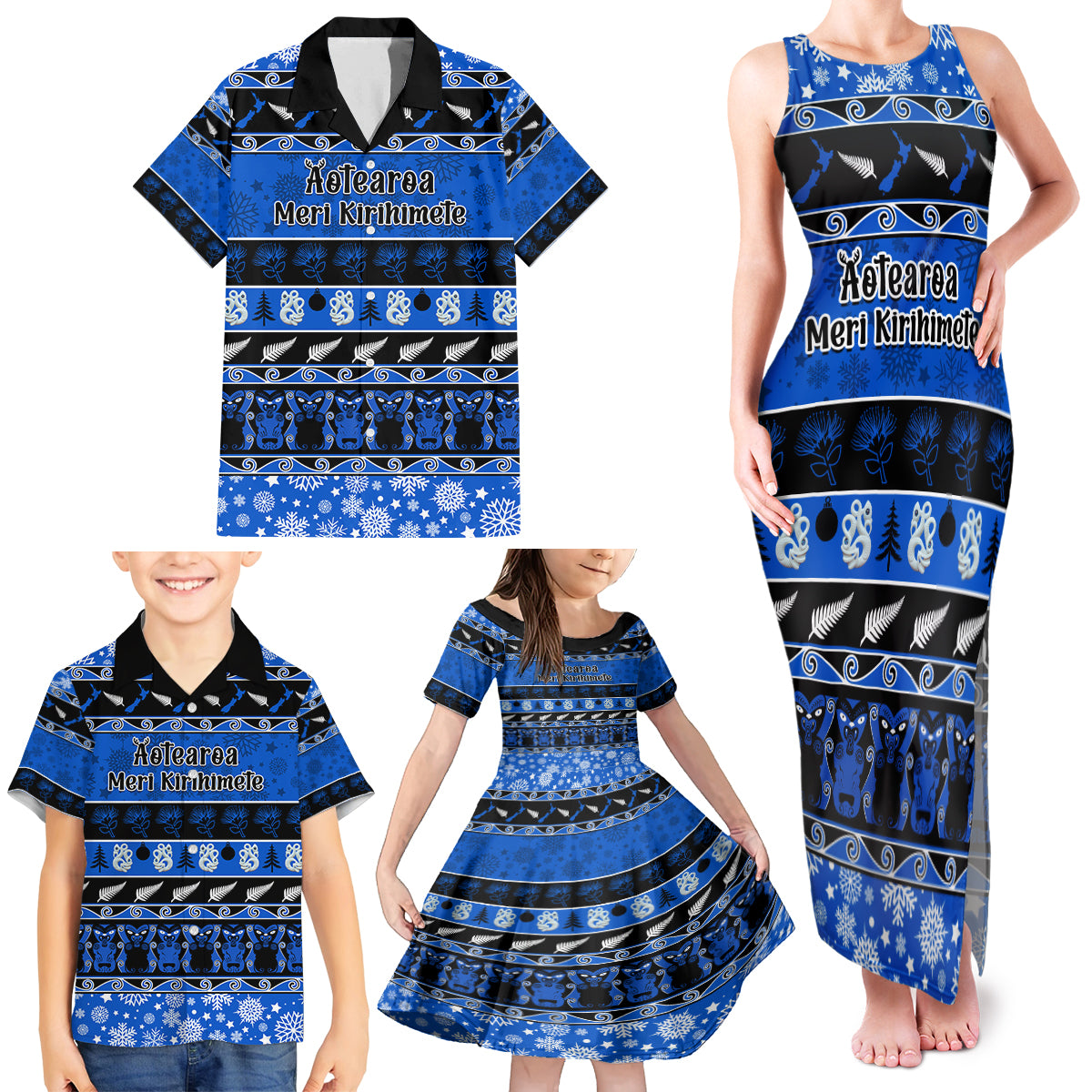 Personalised New Zealand Christmas Family Matching Tank Maxi Dress and Hawaiian Shirt Aotearoa Kiwi Meri Kirihimete Blue Version - Wonder Print Shop