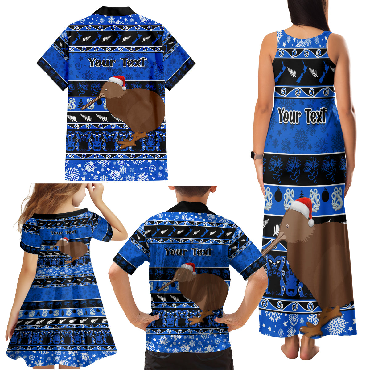 Personalised New Zealand Christmas Family Matching Tank Maxi Dress and Hawaiian Shirt Aotearoa Kiwi Meri Kirihimete Blue Version - Wonder Print Shop
