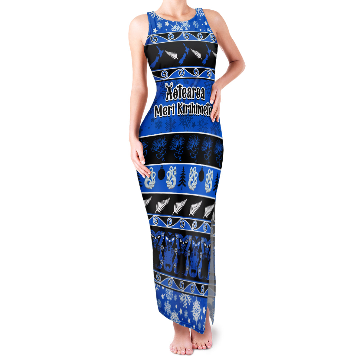 Personalised New Zealand Christmas Family Matching Tank Maxi Dress and Hawaiian Shirt Aotearoa Kiwi Meri Kirihimete Blue Version - Wonder Print Shop