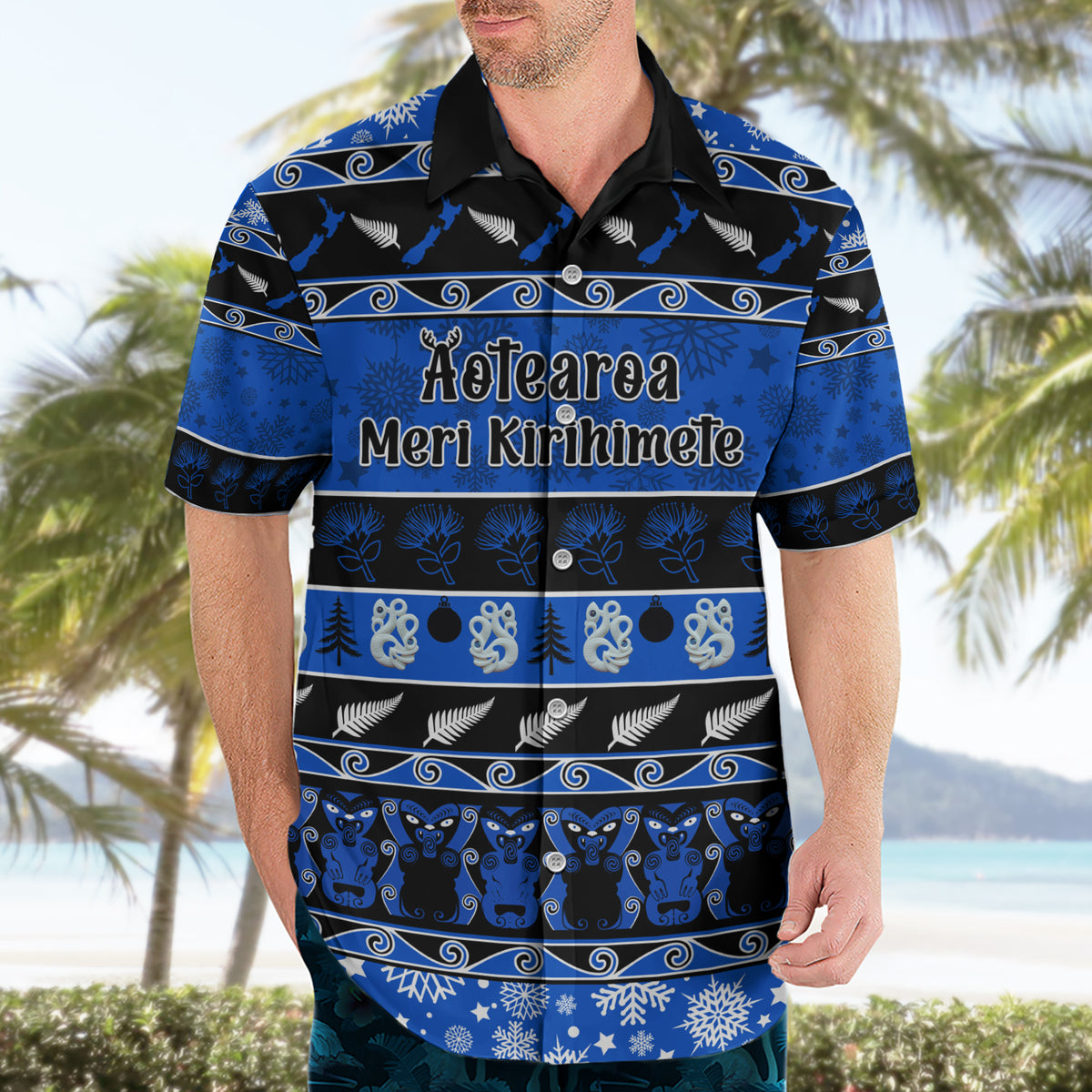 Personalised New Zealand Christmas Hawaiian Shirt Aotearoa Kiwi Meri Kirihimete Blue Version - Wonder Print Shop