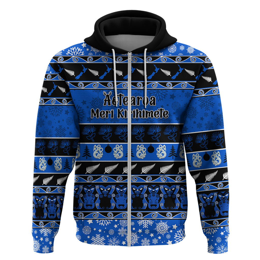 Personalised New Zealand Christmas Hoodie Aotearoa Kiwi Meri Kirihimete Blue Version - Wonder Print Shop