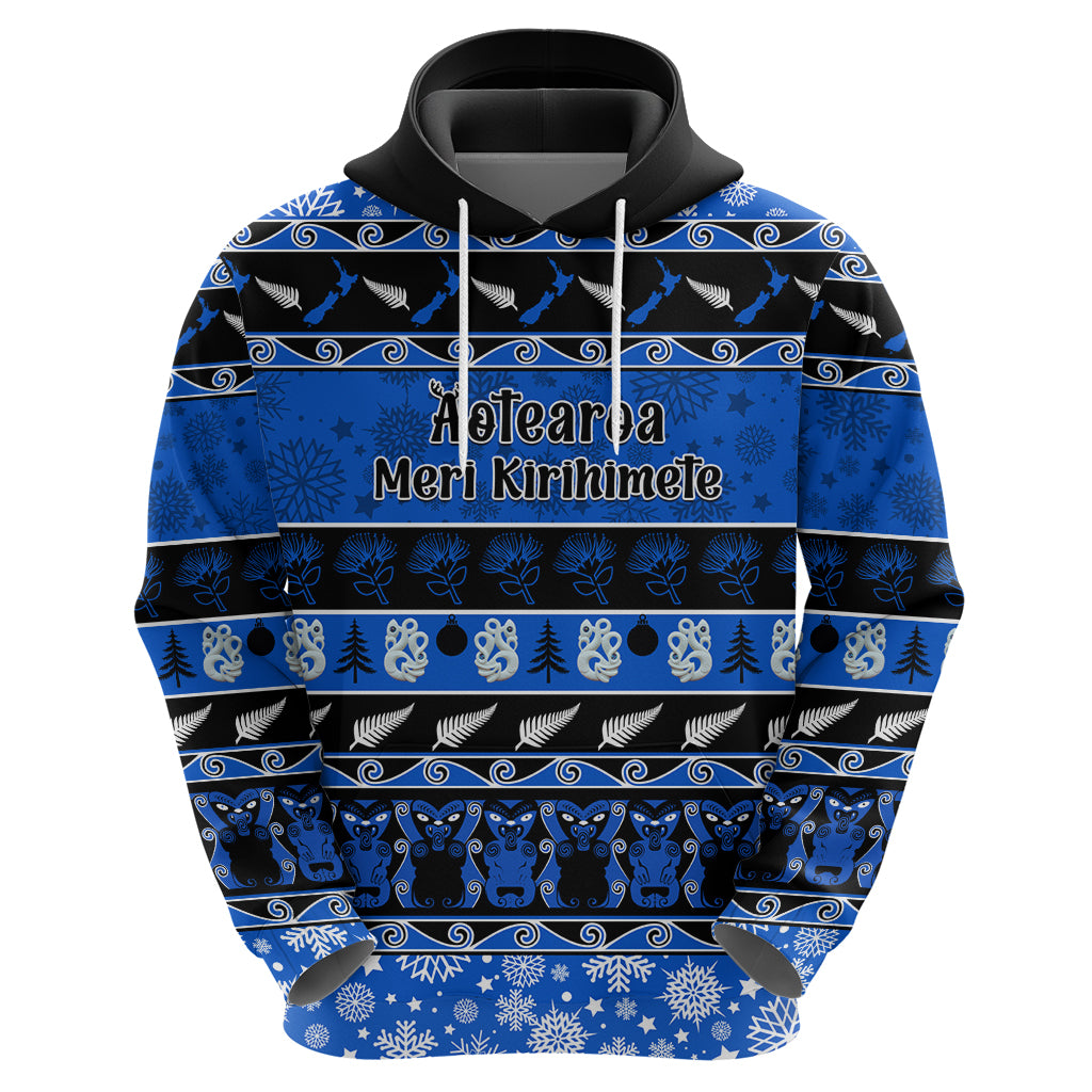 Personalised New Zealand Christmas Hoodie Aotearoa Kiwi Meri Kirihimete Blue Version - Wonder Print Shop