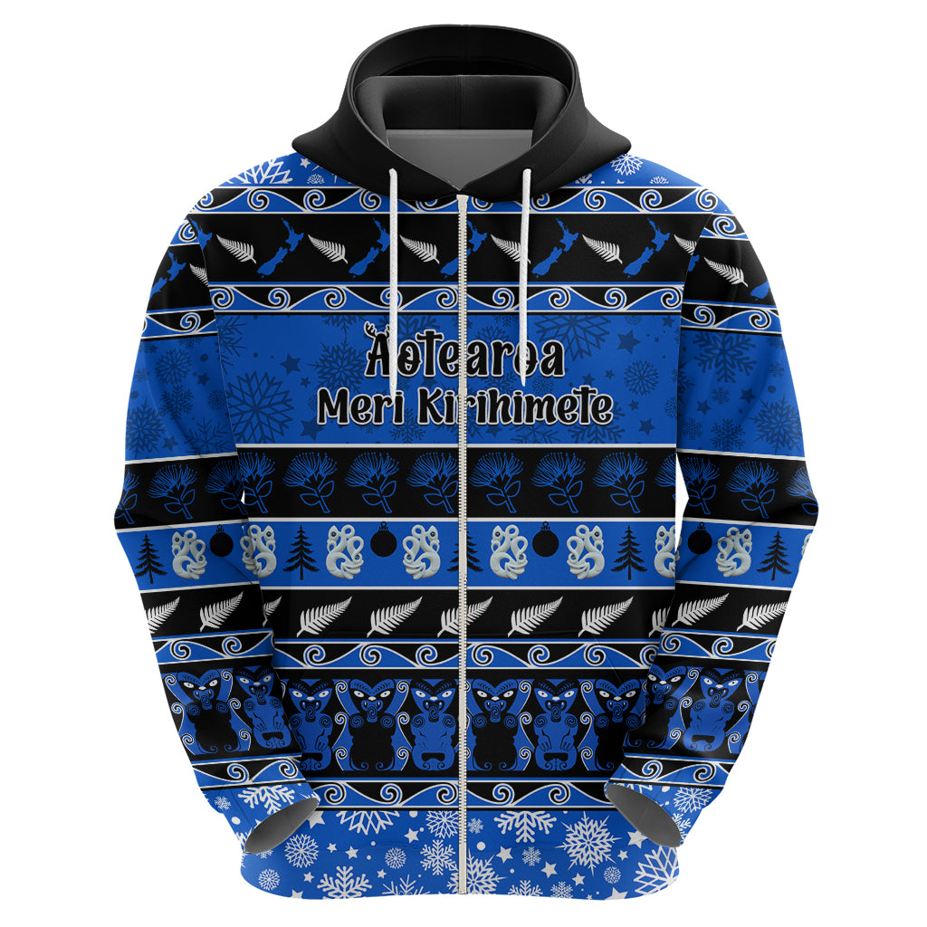 Personalised New Zealand Christmas Hoodie Aotearoa Kiwi Meri Kirihimete Blue Version - Wonder Print Shop