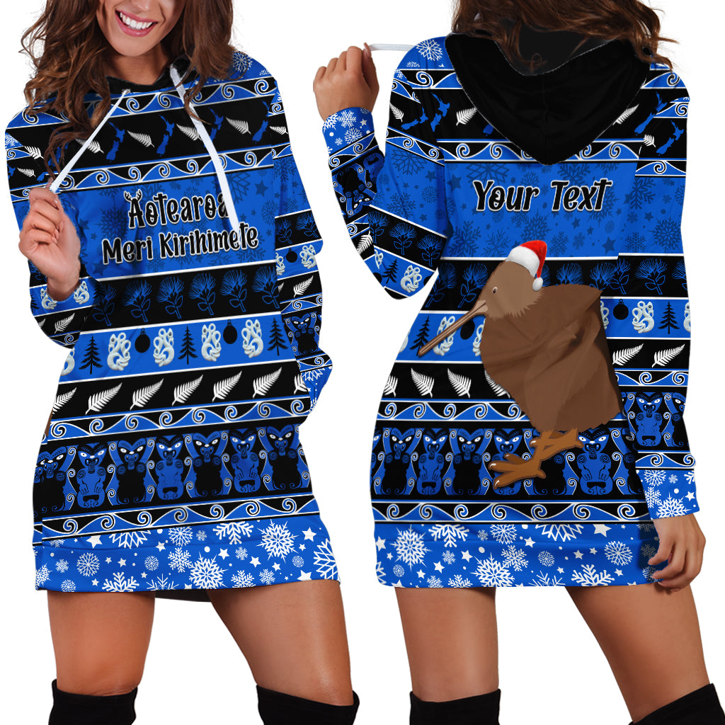 Personalised New Zealand Christmas Hoodie Dress Aotearoa Kiwi Meri Kirihimete Blue Version - Wonder Print Shop