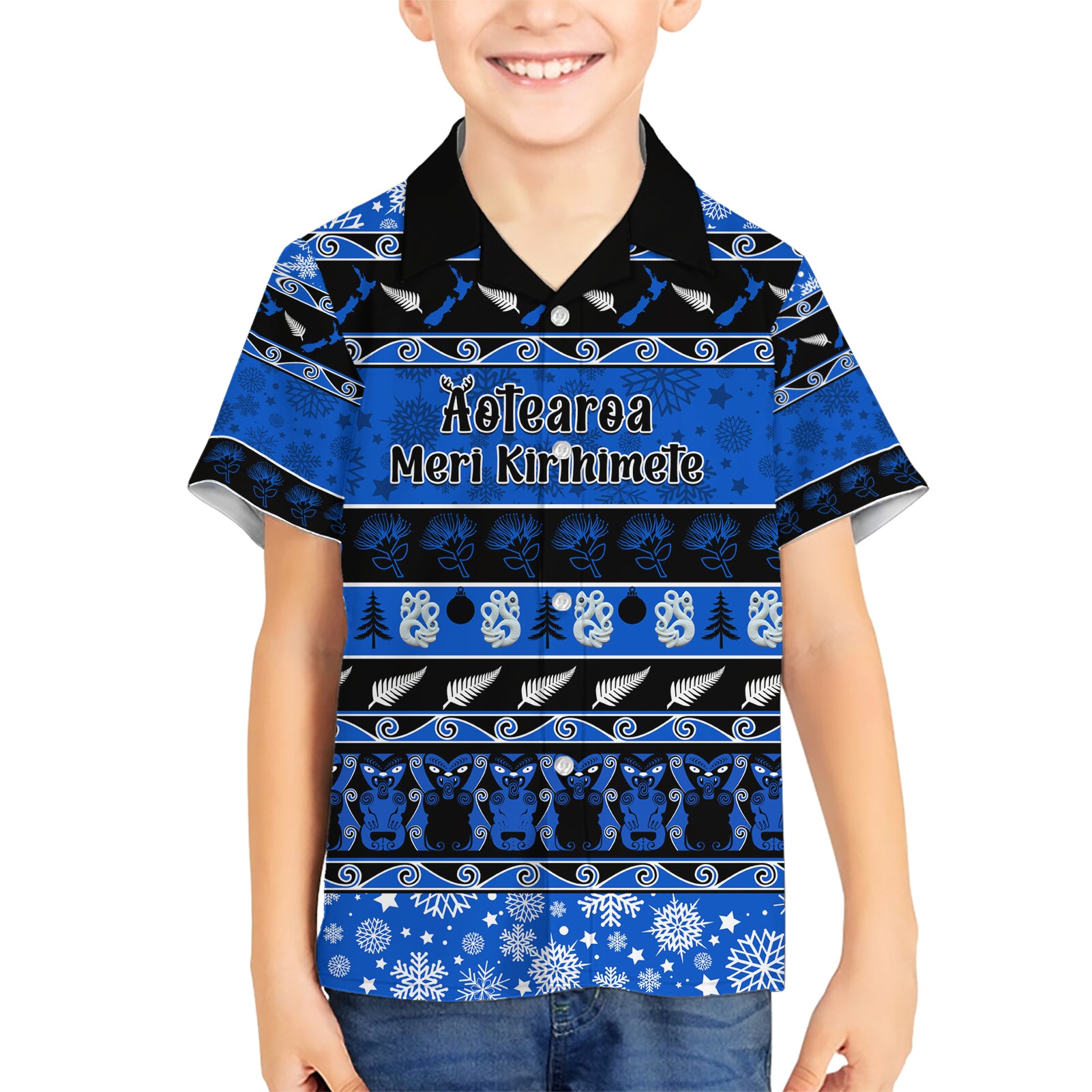 Personalised New Zealand Christmas Kid Hawaiian Shirt Aotearoa Kiwi Meri Kirihimete Blue Version - Wonder Print Shop