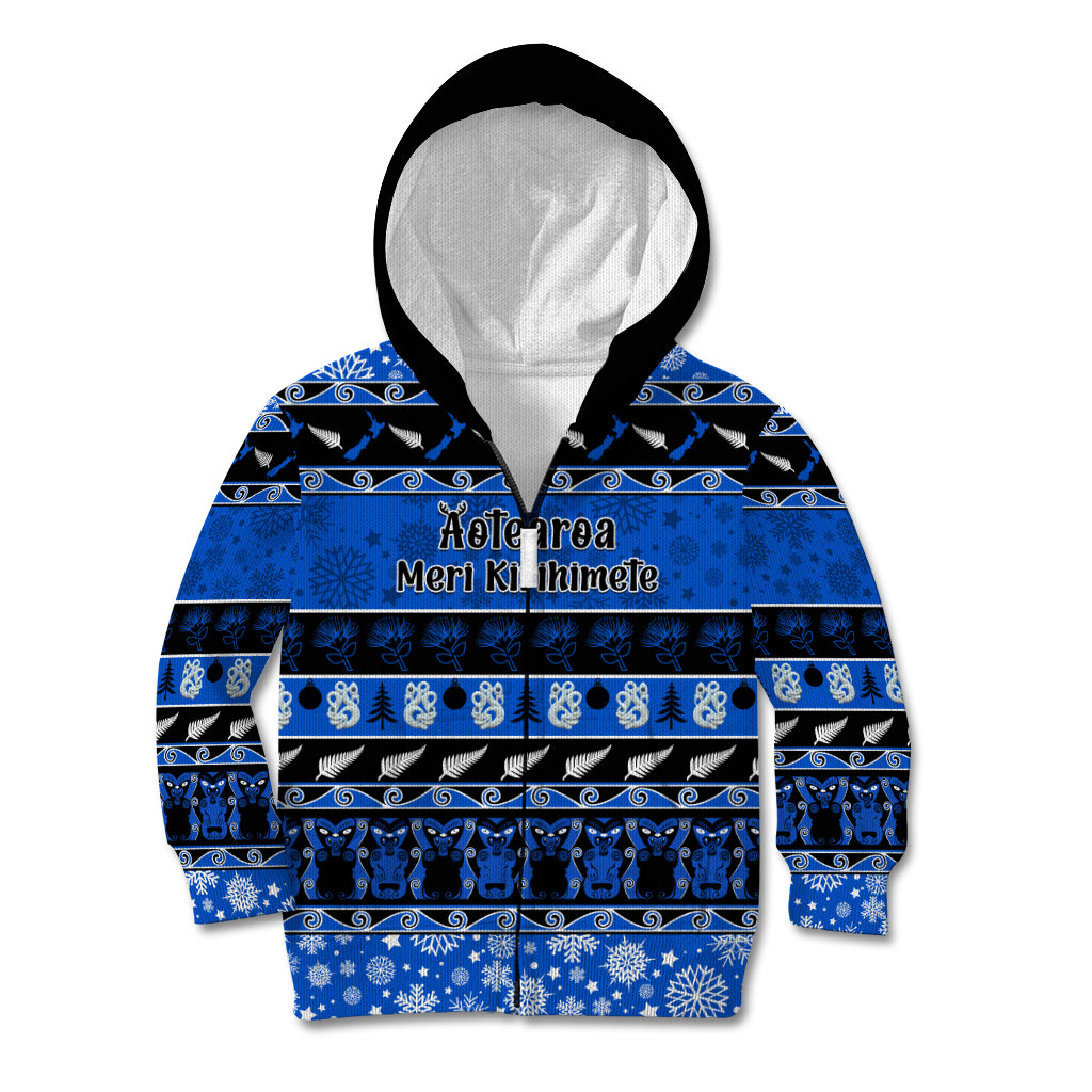 Personalised New Zealand Christmas Kid Hoodie Aotearoa Kiwi Meri Kirihimete Blue Version - Wonder Print Shop