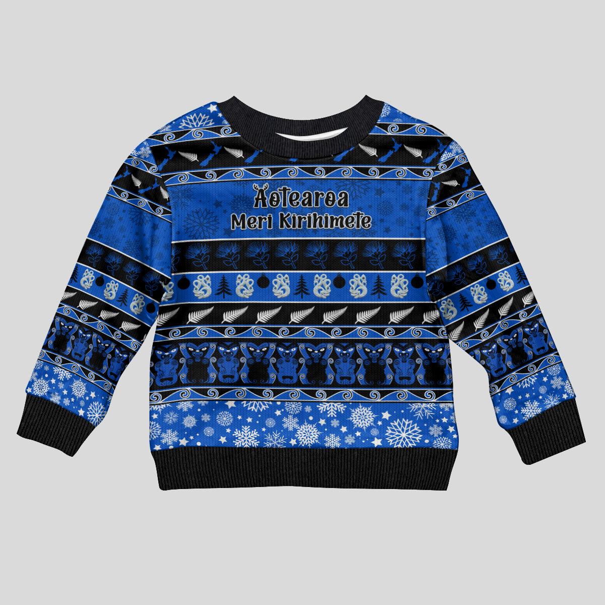 Personalised New Zealand Christmas Kid Ugly Christmas Sweater Aotearoa Kiwi Meri Kirihimete Blue Version - Wonder Print Shop