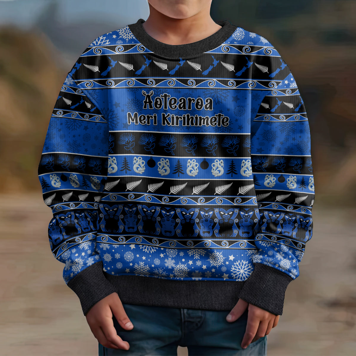 Personalised New Zealand Christmas Kid Ugly Christmas Sweater Aotearoa Kiwi Meri Kirihimete Blue Version - Wonder Print Shop