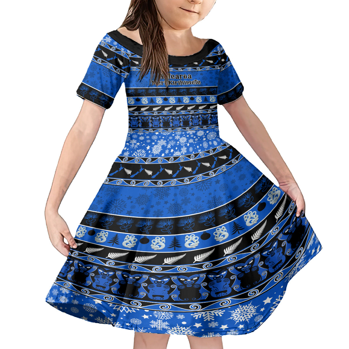 Personalised New Zealand Christmas Kid Short Sleeve Dress Aotearoa Kiwi Meri Kirihimete Blue Version - Wonder Print Shop