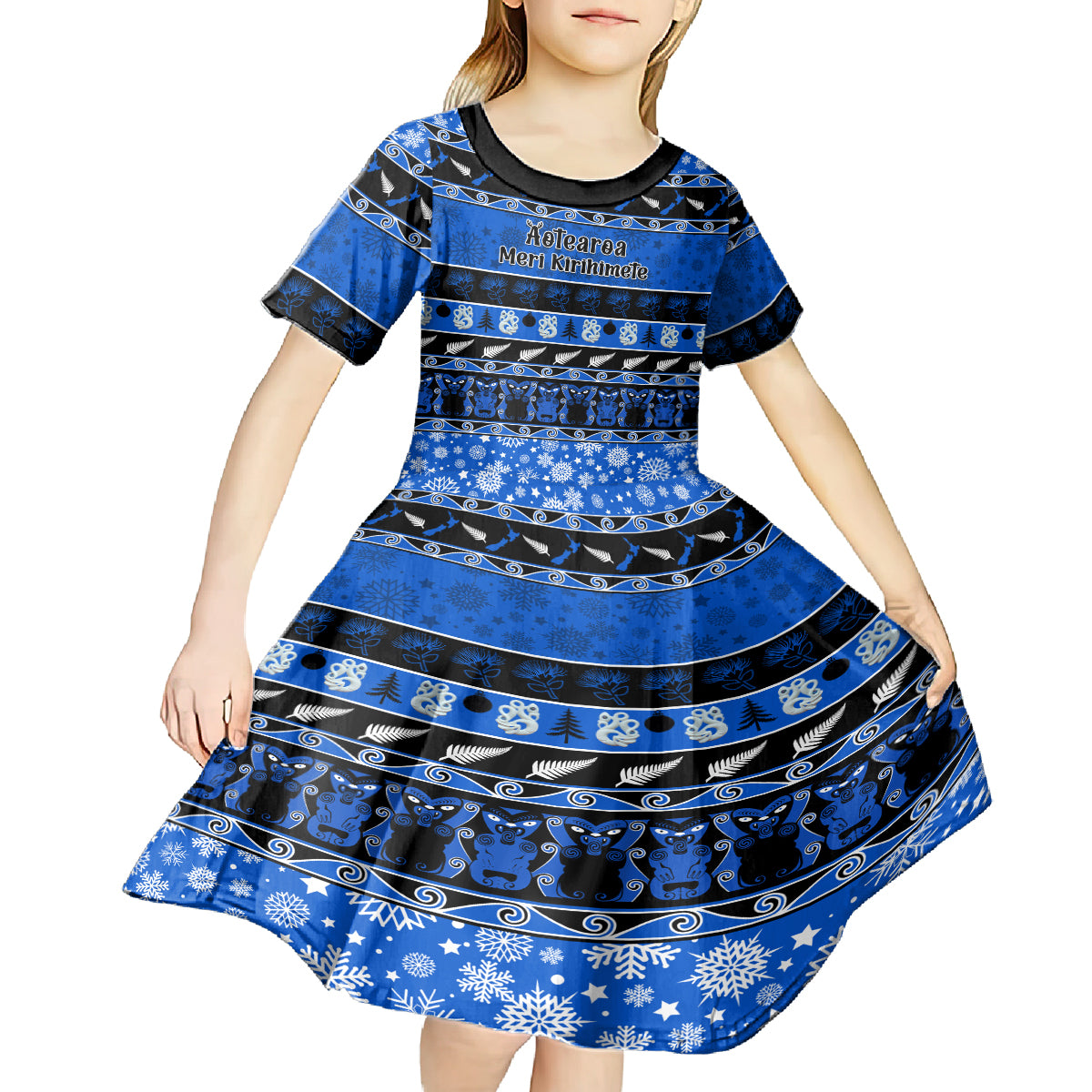 Personalised New Zealand Christmas Kid Short Sleeve Dress Aotearoa Kiwi Meri Kirihimete Blue Version - Wonder Print Shop