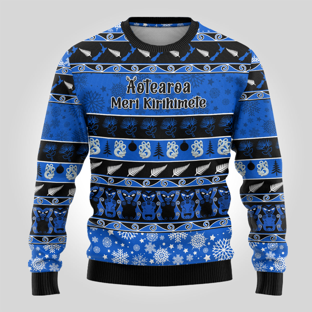 Personalised New Zealand Christmas Ugly Christmas Sweater Aotearoa Kiwi Meri Kirihimete Blue Version - Wonder Print Shop