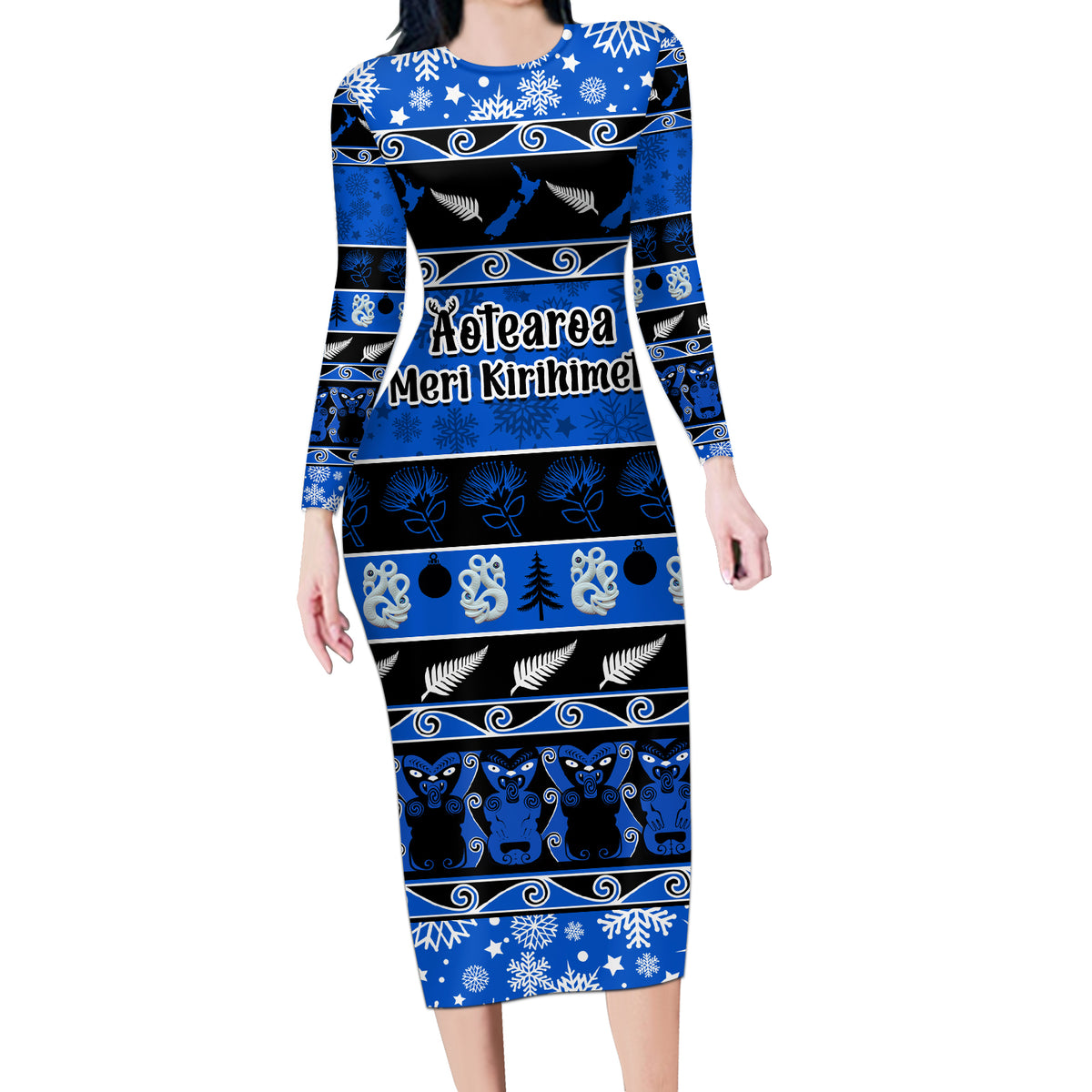 Personalised New Zealand Christmas Long Sleeve Bodycon Dress Aotearoa Kiwi Meri Kirihimete Blue Version - Wonder Print Shop