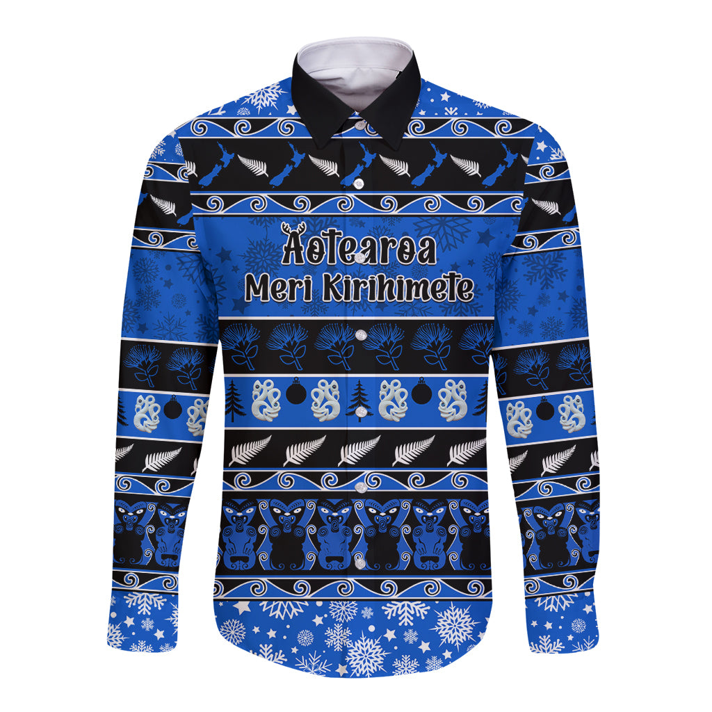 Personalised New Zealand Christmas Long Sleeve Button Shirt Aotearoa Kiwi Meri Kirihimete Blue Version - Wonder Print Shop