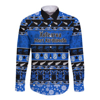 Personalised New Zealand Christmas Long Sleeve Button Shirt Aotearoa Kiwi Meri Kirihimete Blue Version - Wonder Print Shop