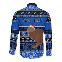Personalised New Zealand Christmas Long Sleeve Button Shirt Aotearoa Kiwi Meri Kirihimete Blue Version - Wonder Print Shop