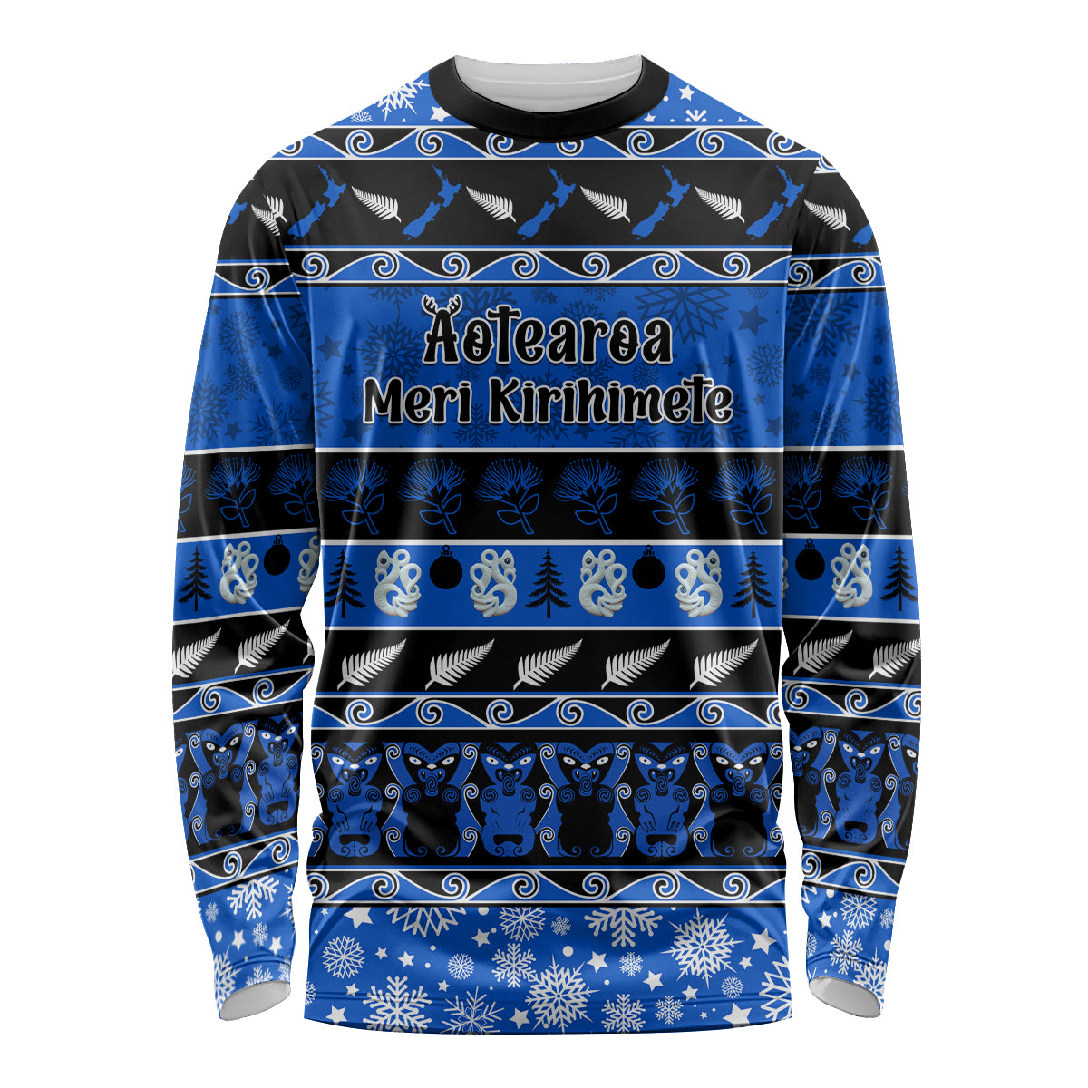 Personalised New Zealand Christmas Long Sleeve Shirt Aotearoa Kiwi Meri Kirihimete Blue Version - Wonder Print Shop